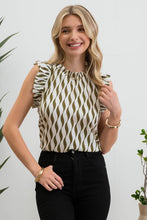 Geo Wave Print Sleeveless Ruffle Trim Blouse