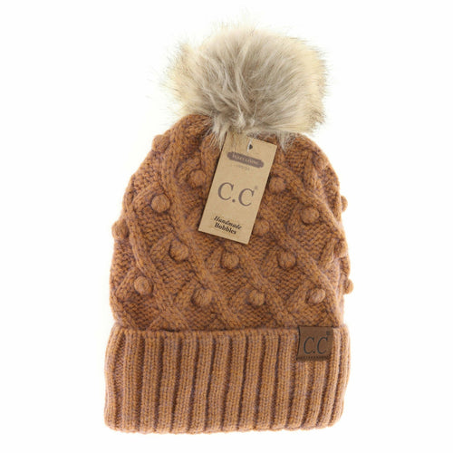 Bobble Knit Fur Pom C.C Beanie: Ginger Brown