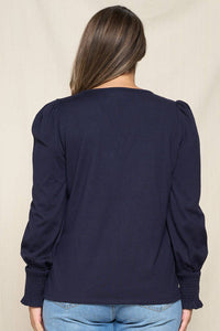 Plus Puff Sleeve Smocked V-Neck Top in Navy