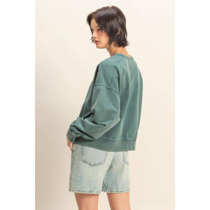 Oversized Crew Neck Sweatshirt With Raw Hem - Deep Green