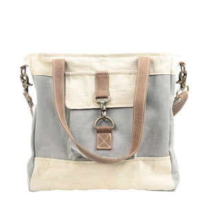 Grey And Cream Mixed Fabric Canvas Crossbody Bag