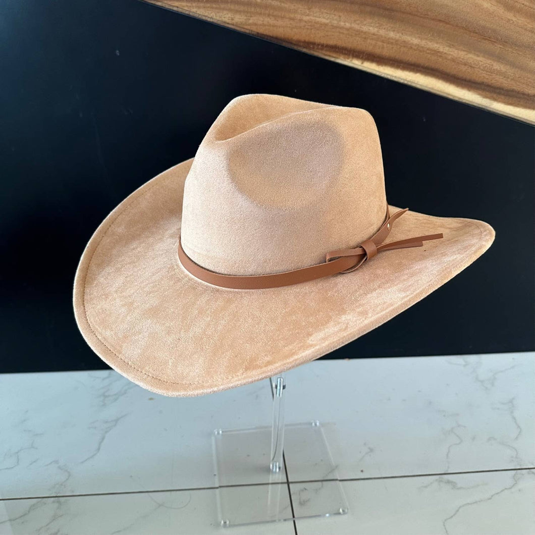 Fashion Vegan Suede Cowboy Hat w/ Leather Belt - Camel