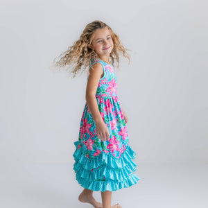 Kids Pink Blue Tropical 3 Ruffle Spring Summer Dress