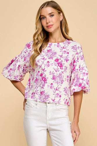 Floral Print Puffed Sleeves Boxy Top