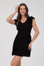 V NECK SHORT SLEEVE RUFFLE DETAIL SHIRRED MINI DRE: PINK