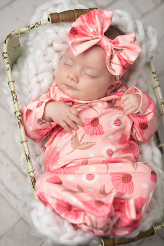 Infant Girls Pink Flower Stem Baby Gown and Bow Headband