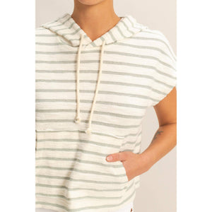 DZ25C099-Striped Short Sleeve Pullover Hoodie Top: BLACK/CREAM / S-M-L(2-2-2)