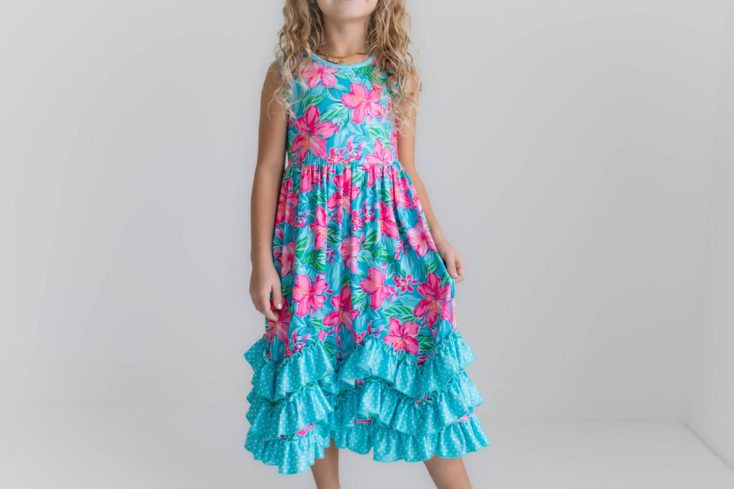 Kids Pink Blue Tropical 3 Ruffle Spring Summer Dress