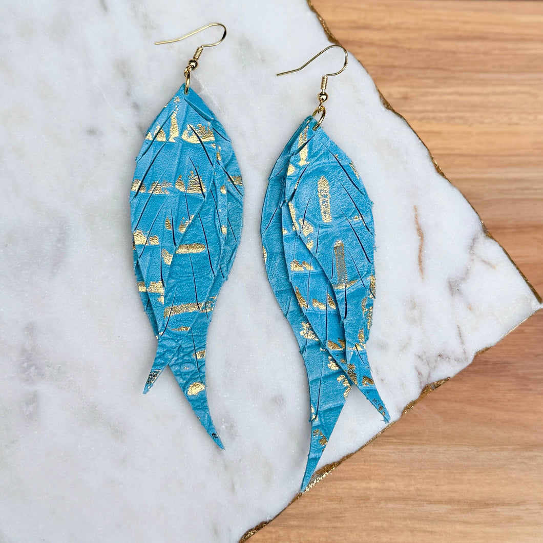 Wings of an Angel - Baby Blue + Gold - Leather Earrings