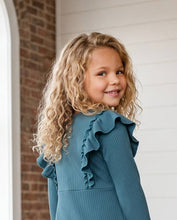 Kids Dark Teal Blue Ribbed Long Sleeve Button Ruffle Shirt: 2