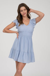 V NECK SHORT SLEEVE RUFFLE DETAIL SHIRRED MINI DRE: PINK