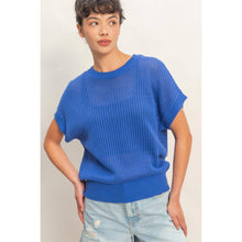 Open-Knit Dolman Sleeve Top: COBALT