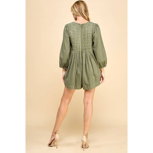 V-neck Puff Sleeve Olive Denim Romper