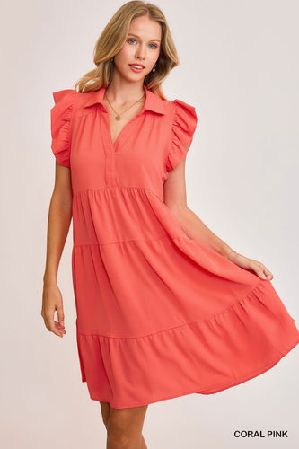 Ruffle Sleeve Tiered Dress (Coral)