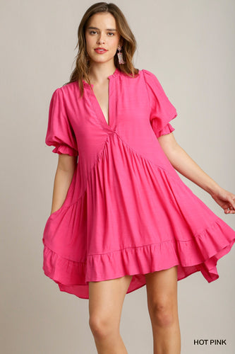Split Neck Ruffle Short Dress with Short Puff Sleeves & Back Tiered