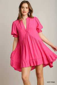 Split Neck Ruffle Short Dress with Short Puff Sleeves & Back Tiered