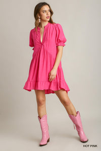 Split Neck Ruffle Short Dress with Short Puff Sleeves & Back Tiered