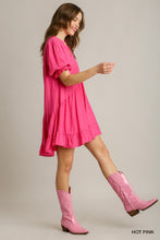 Split Neck Ruffle Short Dress with Short Puff Sleeves & Back Tiered