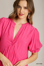 Split Neck Ruffle Short Dress with Short Puff Sleeves & Back Tiered