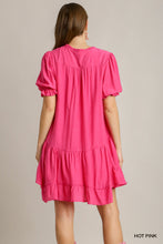 Split Neck Ruffle Short Dress with Short Puff Sleeves & Back Tiered