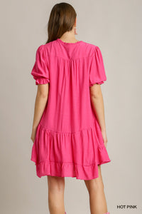 Split Neck Ruffle Short Dress with Short Puff Sleeves & Back Tiered