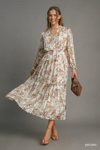 Lurex Floral Print Midi Dress - Brown