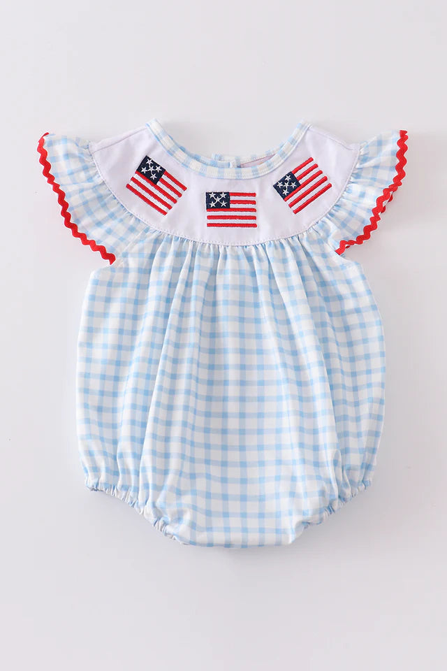 Patriotic Flag Embroidery Plaid Girl Bubble Romper