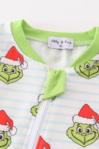 Green Stripe Christmas Grinch Zipper Boy Romper