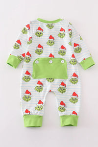 Green Stripe Christmas Grinch Zipper Boy Romper