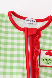 Green Christmas Grinch Ruffle French Knot Girl Romper