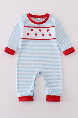 Blue Stripe Heart Embroidery Boy Romper