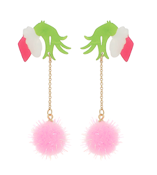 Christmas Grinch Hand PomPom Earrings