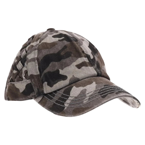 CC Beanie Basket Woven Criss-Cross High Pony Ball Cap - Grey Camo