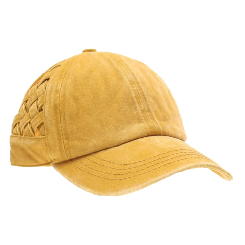 CC Beanie Basket Woven Criss-Cross High Pony Ball Cap - Mustard