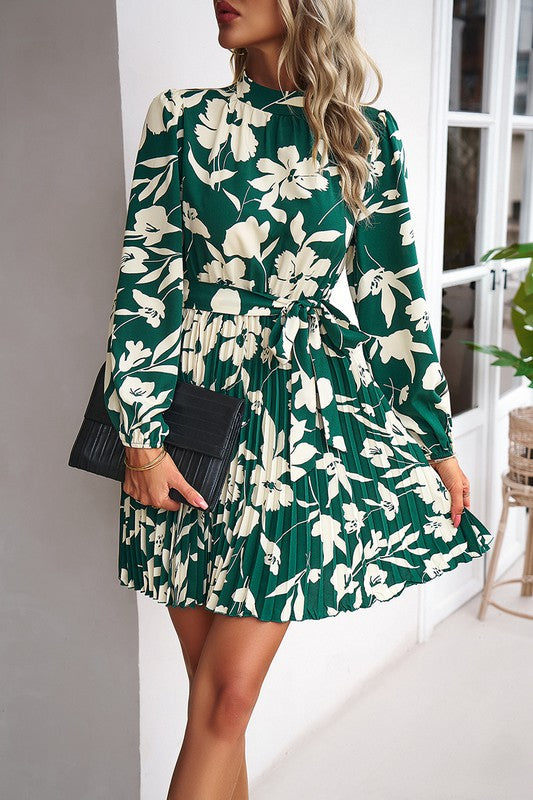 Floral Mock Neck Belt Ruched Midi Dress