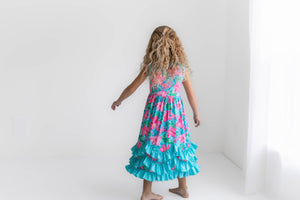 Kids Pink Blue Tropical 3 Ruffle Spring Summer Dress