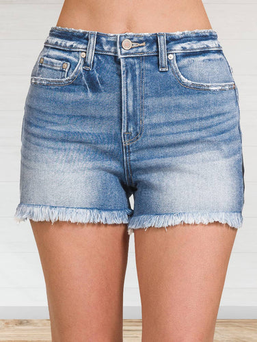 Mid Rise Raw Frayed Hem Denim Shorts