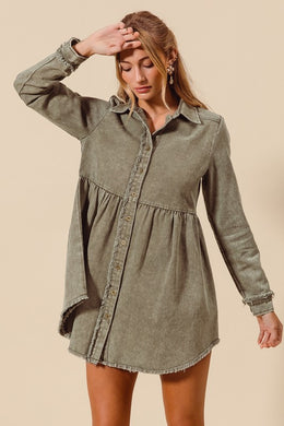 Washed Twill Button Down Shirt Mini Dress