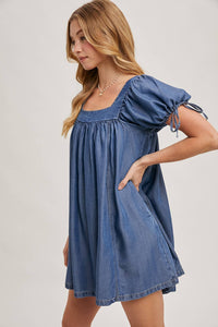 Denim Square Neck Babydoll Dress w/ Pockets