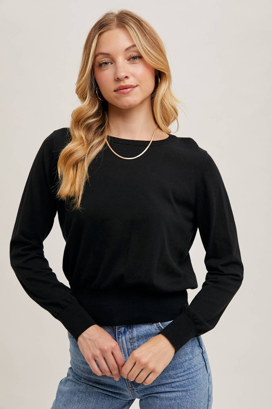 Round Neck Waist Band Knit Pullover Top