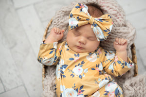 Infant Girls Mustard Baby Gown and Bow Headband