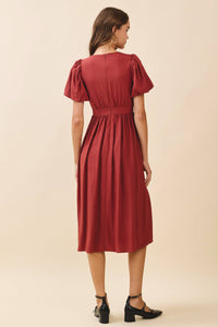 Voluminous Puff Sleeves Gathered Bodice Midi Dress
