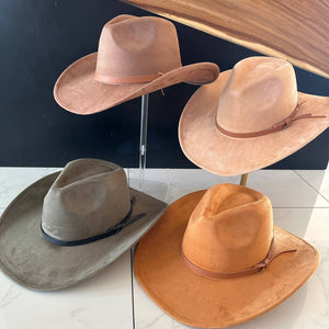 Fashion Vegan Suede Cowboy Hat w/ Leather Belt - Brown