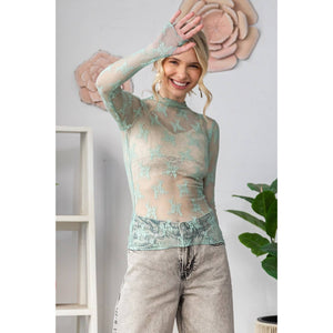 Lace Long Sleeve See Through Top: Sage / M