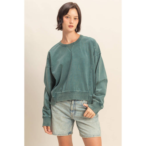 Oversized Crew Neck Sweatshirt With Raw Hem - Deep Green