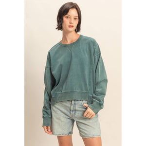 Oversized Crew Neck Sweatshirt With Raw Hem - Deep Green