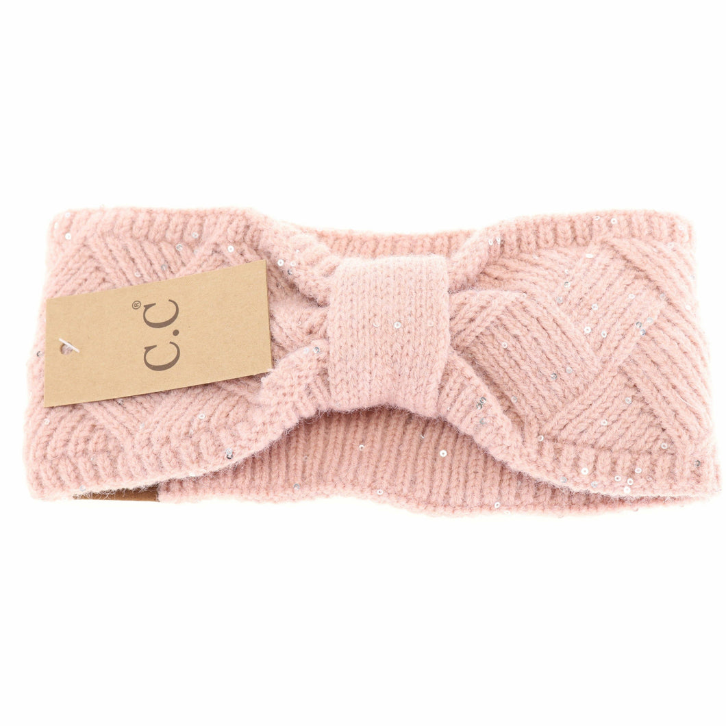 Sequin Brioche Cable Knit C.C Fashion Headband: Rose