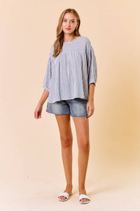 Dropped Shoulder 3/4 Sleeve Striped Blouse