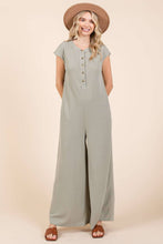 Waffle Knit Henley Short Sleeve Wide Leg Jumpsuit