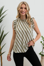 Geo Wave Print Sleeveless Ruffle Trim Blouse